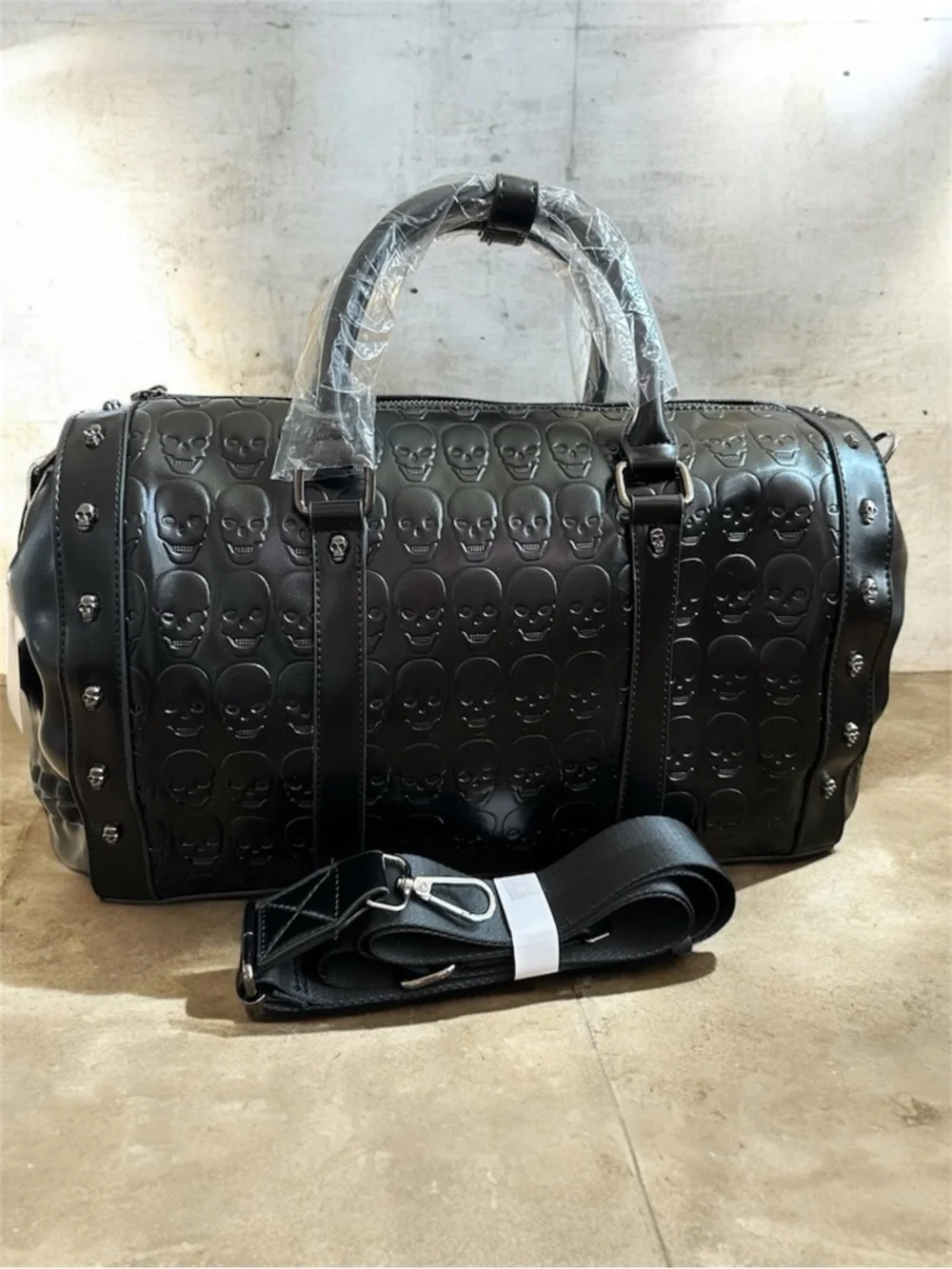 Black Skull Detail Duffel Satchel Bag